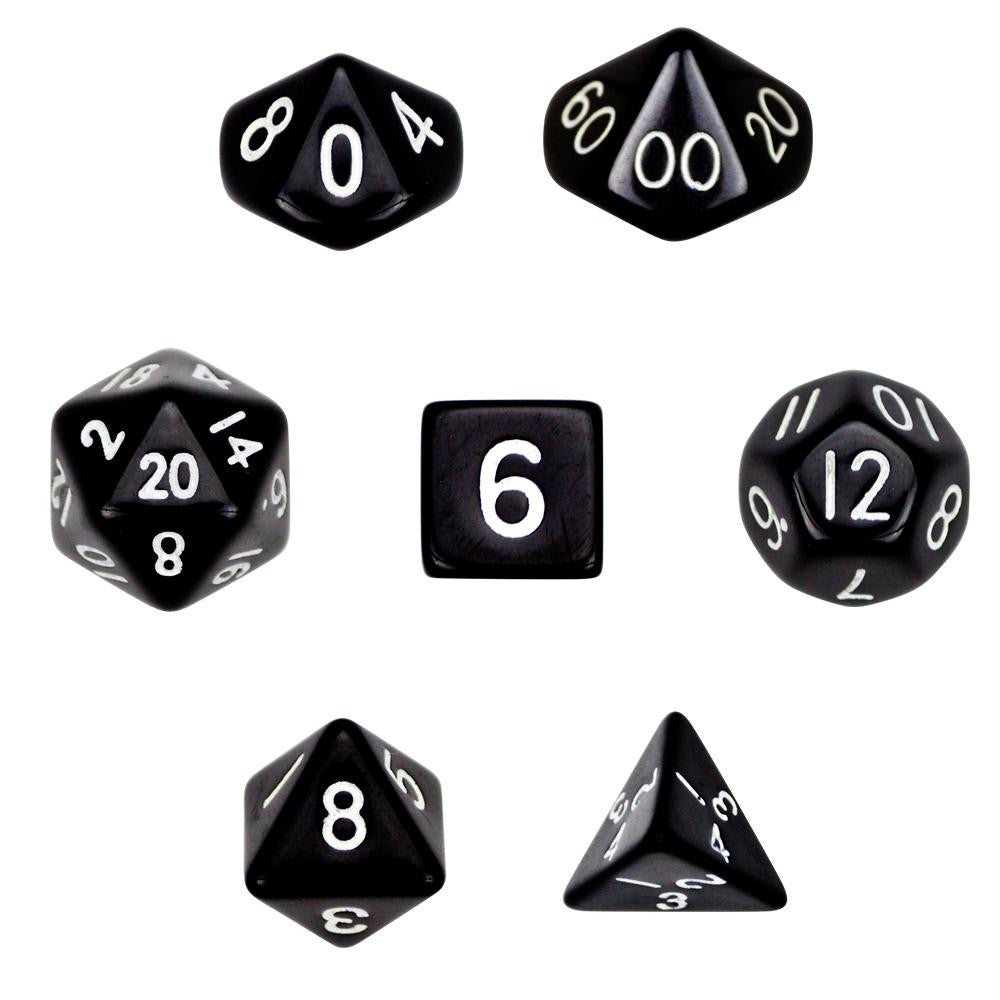 7 Die Polyhedral Dice Set in Velvet Pouch- Opaque Black