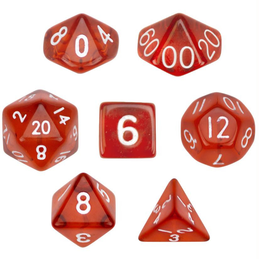 7 Die Polyhedral Dice Set in Velvet Pouch- Translucent Red