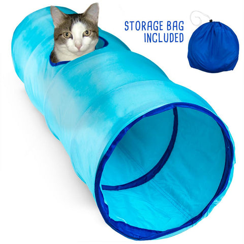 36" Blue Krinkle Cat Tunnel with Peek Hole and Storage Bag