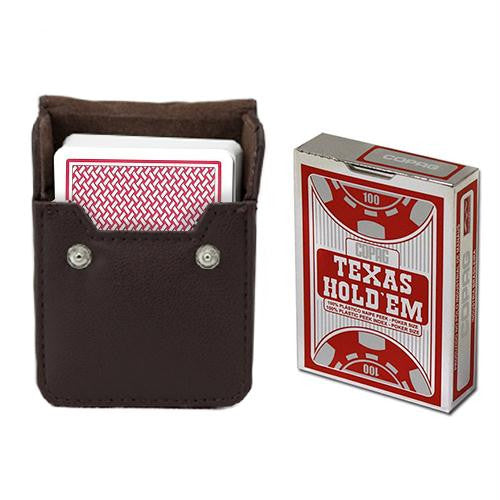 Copag Hold 'Em Red Poker Size Peek Indx Deck w- Leather Case