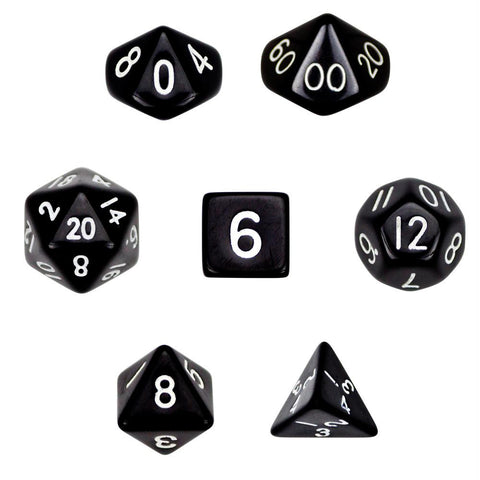 7 Die Polyhedral Dice Set  in Velvet Pouch- Opaque Black