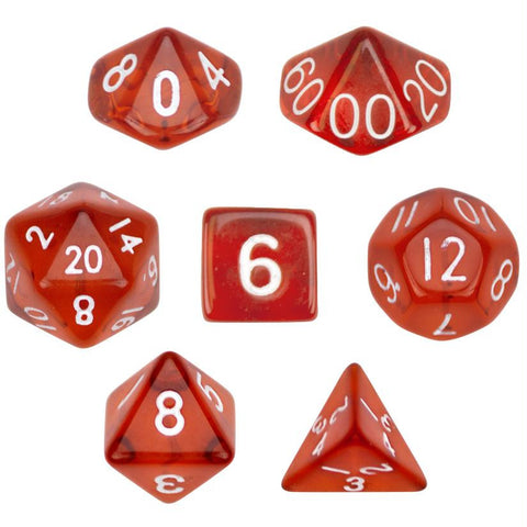 7 Die Polyhedral Dice Set  in Velvet Pouch- Translucent Red