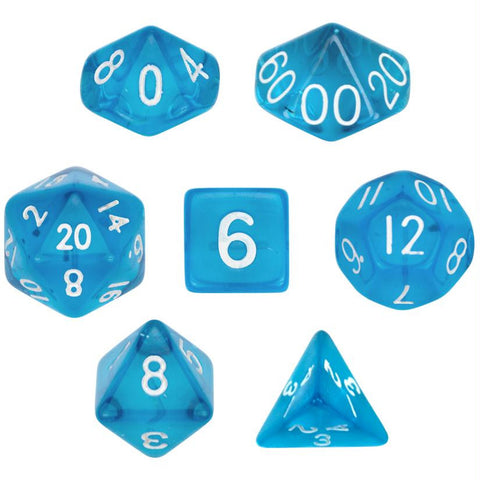 7 Die Polyhedral Dice Set  in Velvet Pouch- Translucent Blue