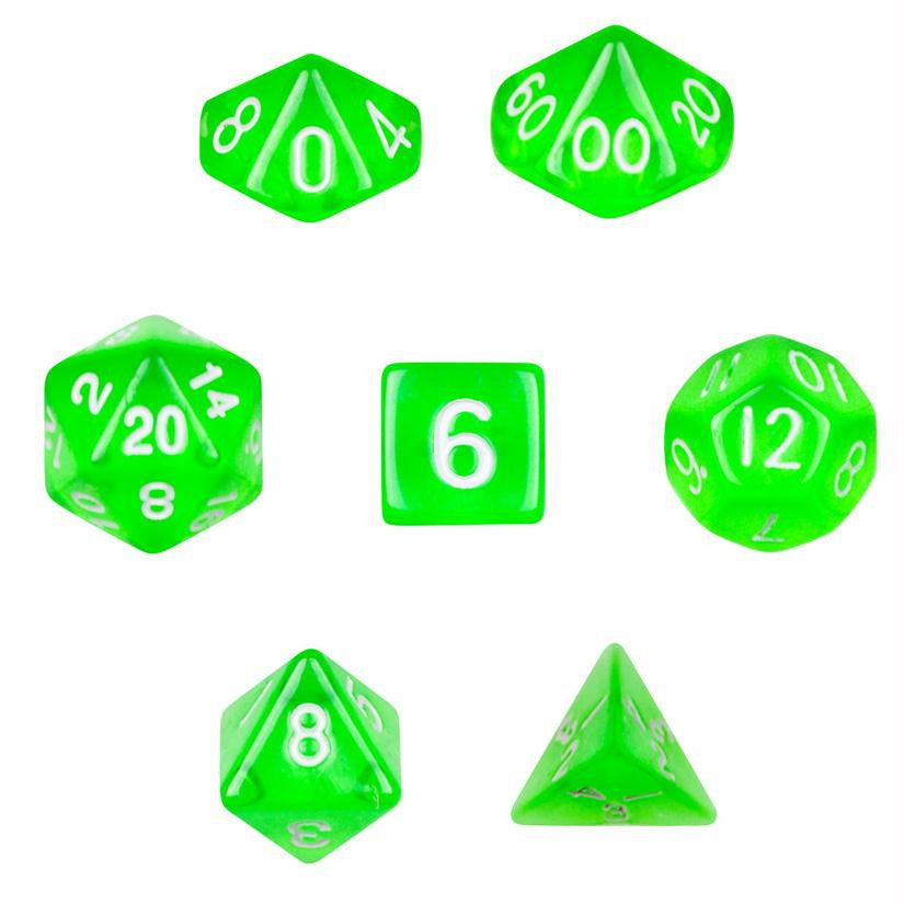 7 Die Polyhedral Dice Set in Velvet Pouch- Translucent Green