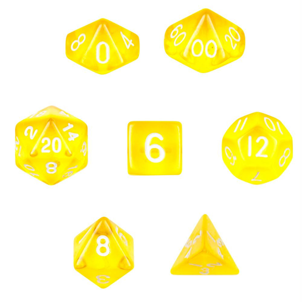 7 Die Polyhedral  Set  in Velvet Pouch-Translucent Yellow