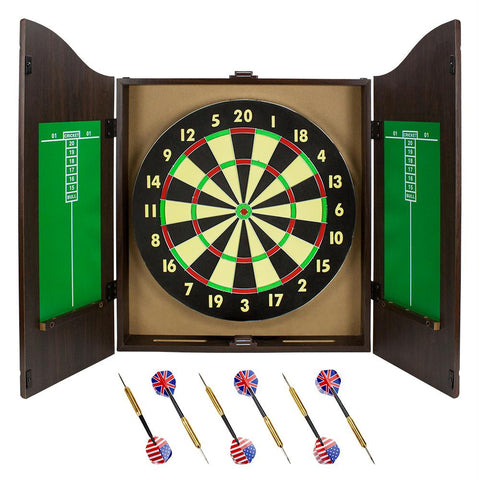 Walnut Dartboard Cabinet Set with 6 Brass Darts and Board