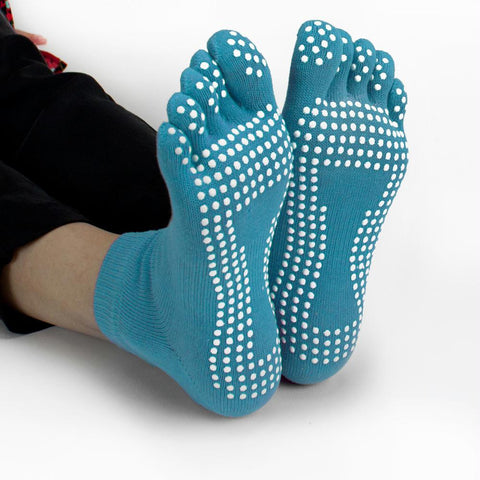 Blue Yoga Toe Socks w- Slip-free Silicone Texturizing Beads